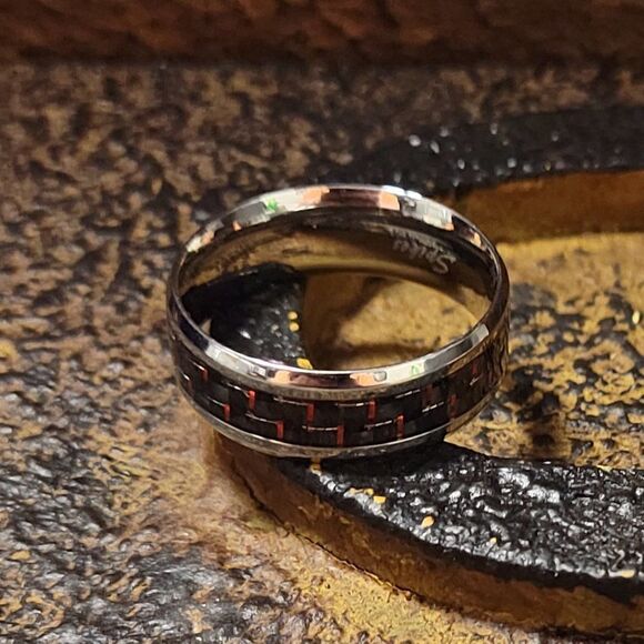 Men's Carbon Fiber Promise Ring - Red Black Carbon Fiber Promise Ring for Guys - Picture 8 of 8